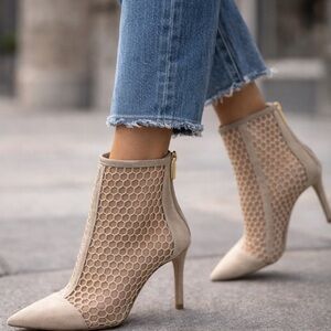 L’AGENCE Beige Mesh Pointed-Toe Ankle Booties | Size 9.5 (Fit 9) | MSRP $454